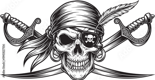 Classic pirate skull with eye patch, bandana headscarf and feather, crossed sabers, fierce angry grin, black and white vector for tattoo, logo, gaming, apparel, sticker