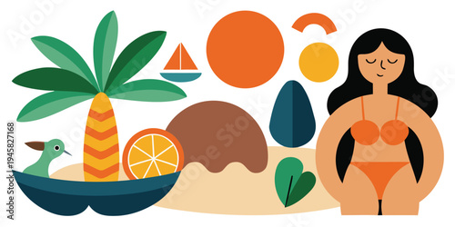 Summer vacation illustration with tropical palm tree beach girl and abstract geometric shapes