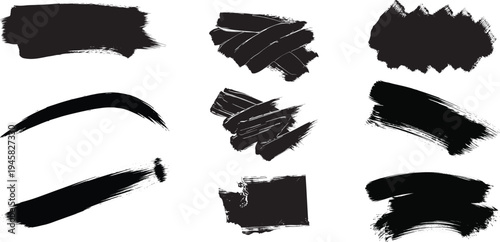 Collection of nine unique black brush strokes on white background for art and design
