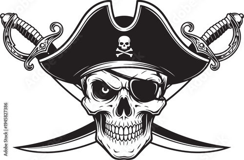 Detailed pirate skull vector with eyepatch, ornate crossed cutlasses and captain hat, vintage nautical skeleton buccaneer emblem for seafaring adventure, black white