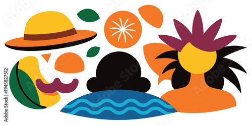 Abstract illustration of people on beach with summer accessories and tropical elements