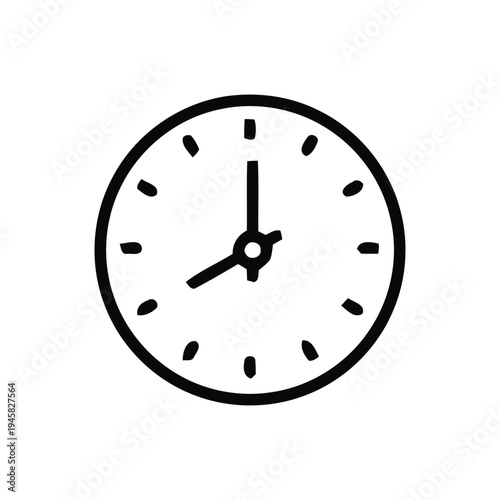 A simple black and white analog clock with hour and minute hands on a plain background