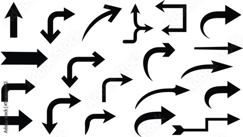 Collection of various black arrows on white background for directional guidance and design