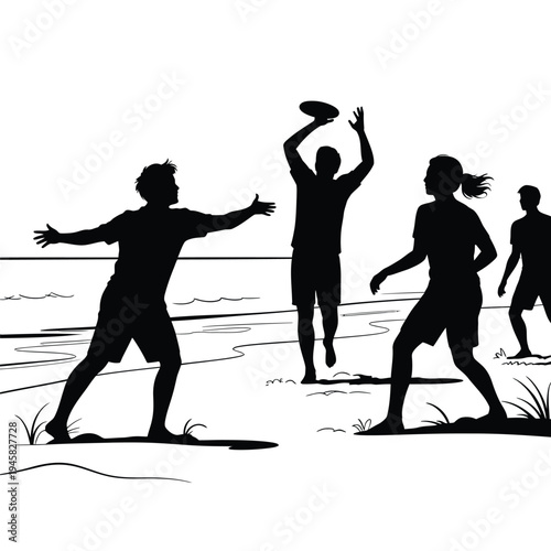 Silhouettes of people playing frisbee on a beach at sunset