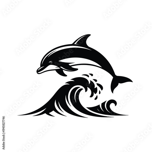 A sleek black dolphin leaps from ocean waves in a stylized design