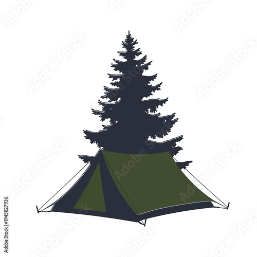 A dark silhouette of a pine tree and tent in an outdoor scene