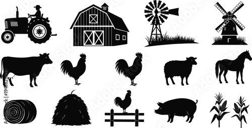 Farm icons tractor barn windmill animals silhouette vector illustration design graphic, agriculture rural nature art concept, black and white decorative creative collection