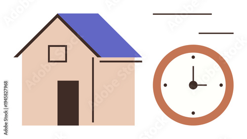 Time management, home organization, real estate, scheduling, house maintenance, daily routines. A house with a blue roof paired with a clock. Time management and home organization concept