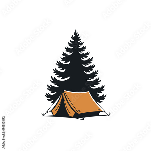 A stylized illustration depicts a tent nestled beneath a large pine tree