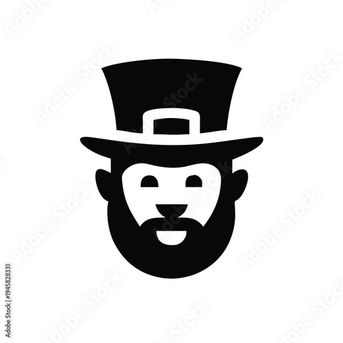 Stylized flat black graphic icon of a happy man's face with a beard and a tall hat, symbolizing festivity and good fortune