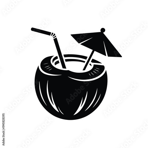 A black and white illustration of a coconut drink with a straw and umbrella