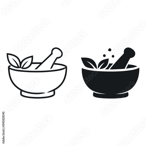 Mortar and pestle illustrations with leaves and herbs for cooking and pharmacy