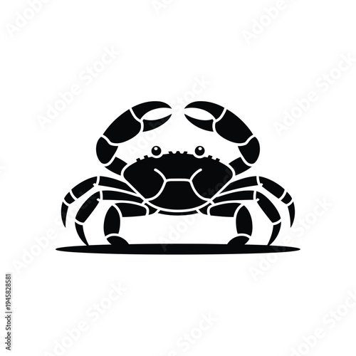 A striking black and white illustration of a single crab facing forward