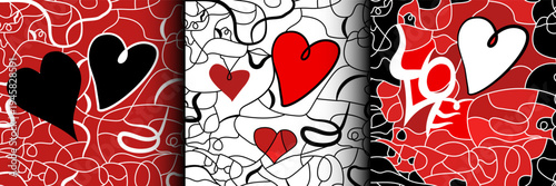 Abstract Red and Black Valentines Day Heart Pattern Background Set, Romantic template design decor