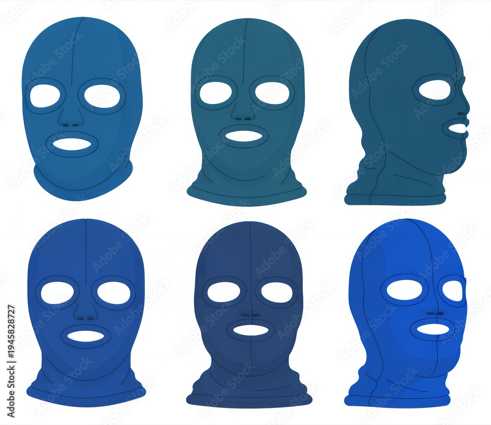 Obraz premium Blue ski masks in various shades and angles on white background balaclavas