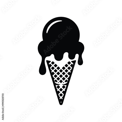 Simple black and white illustration of a dripping ice cream cone