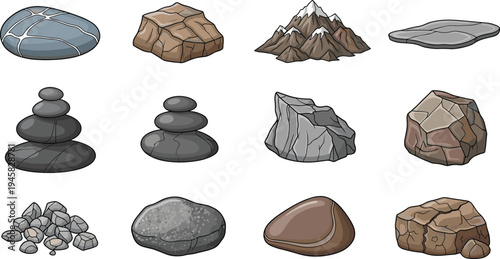Rock and Stone Set with Various Shapes, Sizes, and Types for Nature and Geology Illustration