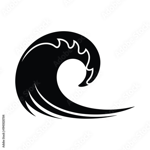 Stylized black and white illustration of a curling ocean wave design