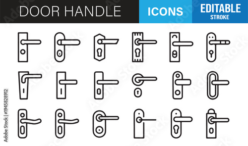 Building door handle hardware minimal line icons set