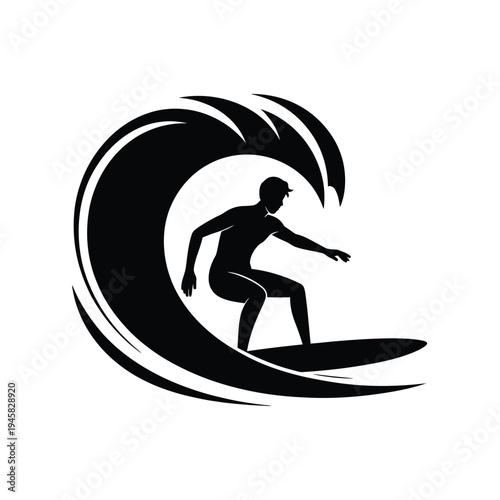A silhouetted surfer riding a large curling ocean wave