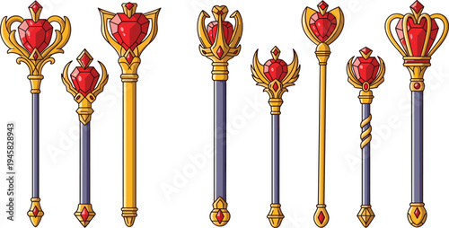 Royal Fantasy Magic Staff Set with Red Crystal Gems, Golden Ornament Handles and Decorative Wizard Scepters for Game Assets and Fantasy Illustration Design