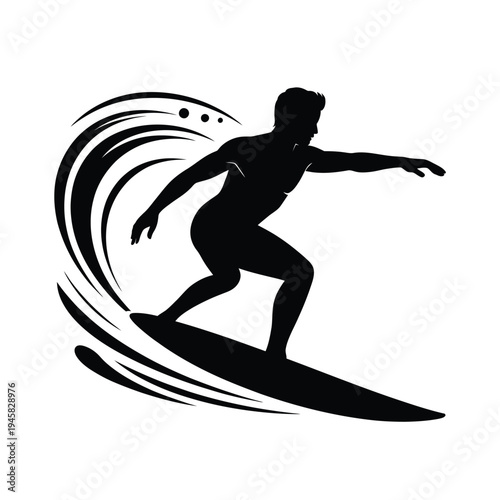 A silhouetted surfer riding a wave dynamic and energetic design