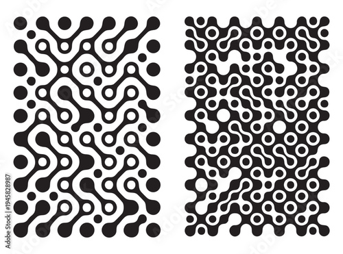 Abstract molecular connection grid. Black and white metaball geometric pattern. Minimalist futuristic tech UI backdrop. Connected dotted line EPS vector cover layout.