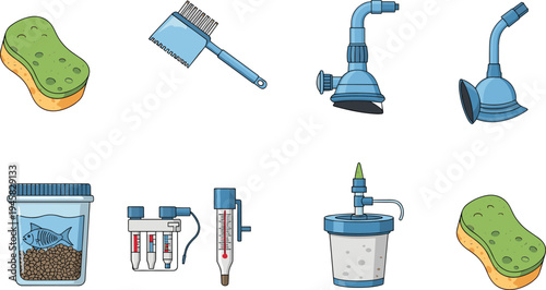 Set of aquarium maintenance tools featuring sponges cleaning brushes water filters thermometers and fish food in colorful cartoon style for pet care design.