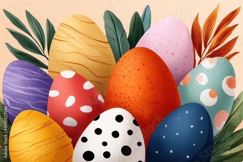 Colorful Easter eggs arranged with spring foliage for festive holiday decoration and celebration