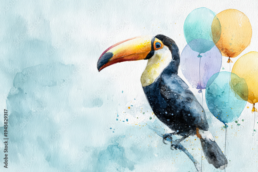 Naklejka premium Colorful Toucan with Balloons in Watercolor Style
