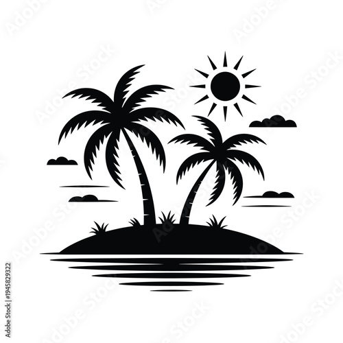 A minimalist black and white illustration of a tropical island with palm trees