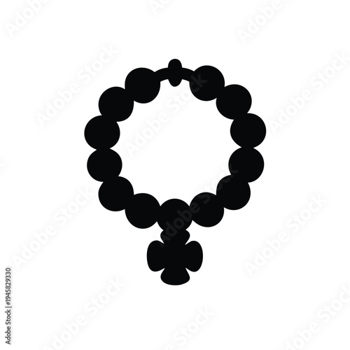 Flat Black Silhouette Icon of Rosary Beads with Cross Pendant Representing Religious Spirituality and Faith