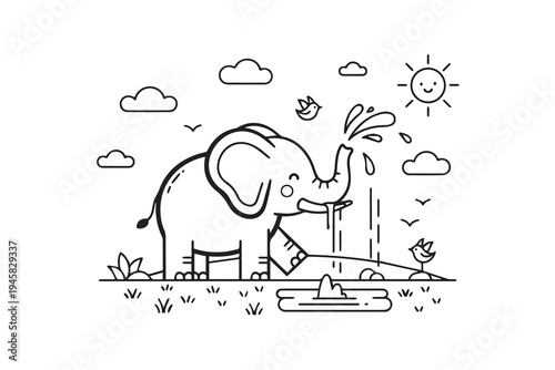 An elephant joyfully spraying water on a sunny day with birds nearby
