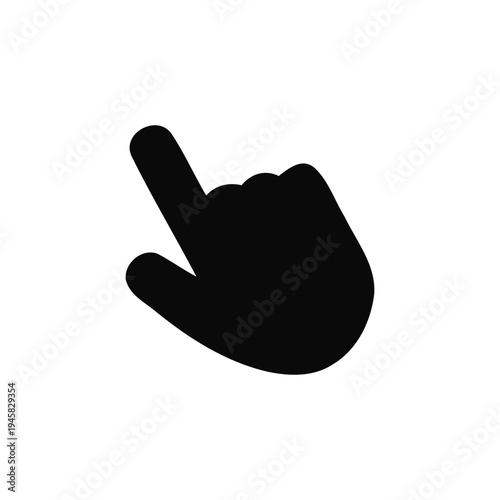 A black hand gesture with the index finger extended upwards and to the left on a white background
