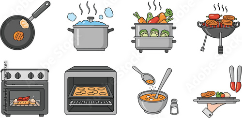 Set of cooking methods and kitchen appliances icons featuring frying boiling steaming grilling baking and serving in colorful cartoon style.