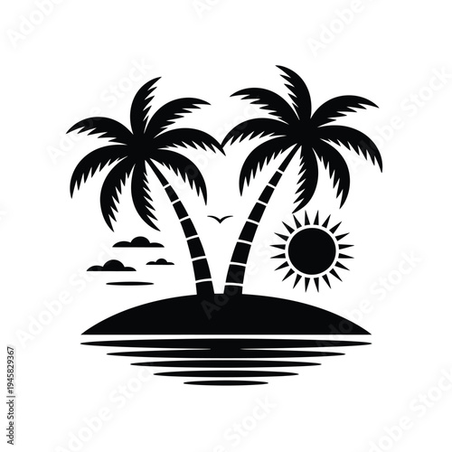 Black and white illustration depicting a tropical island with palm trees