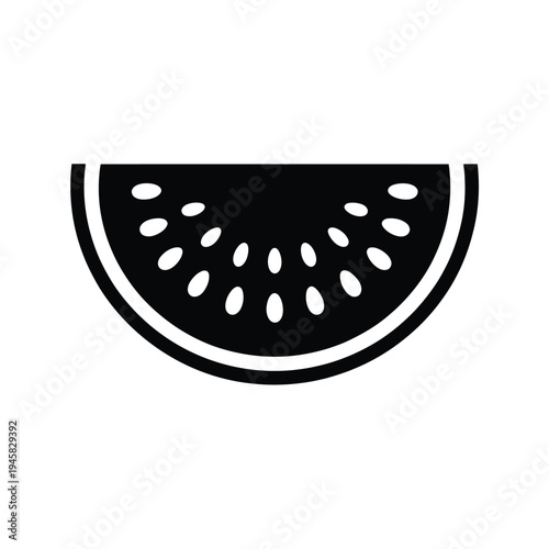 A simple black and white illustration of a watermelon slice