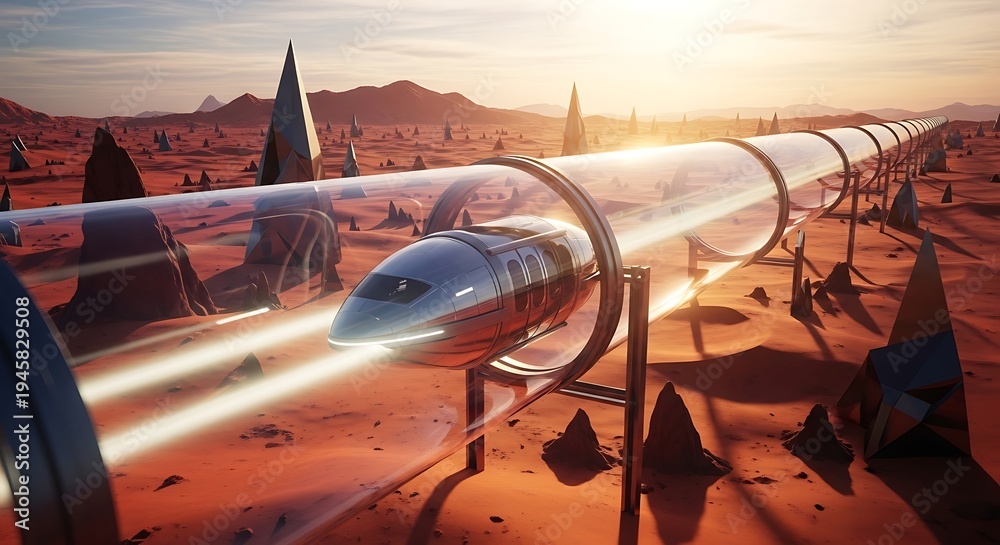 Fototapeta premium Futuristic Speed Train Traveling Through a Transparent Tube in a Desert Landscape with Pyramid Structures