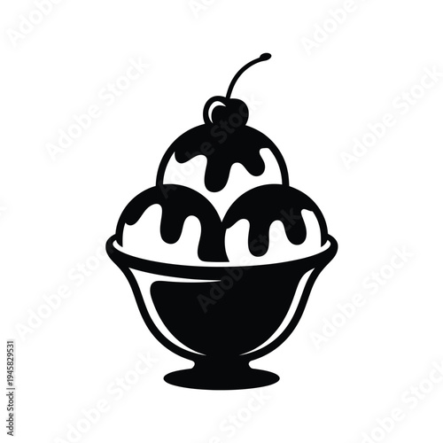 A black and white illustration of a sundae with cherries on top