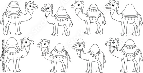 Set of cute camel character line art featuring various decorative saddles and bridles for children coloring book and desert animal design.