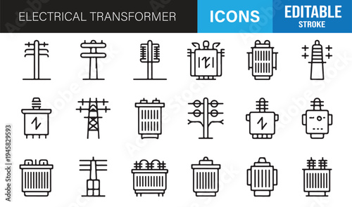 Electrical engineering transformer line icons minimal editable stroke set