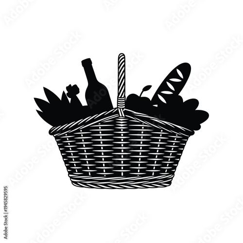 A black and white illustration of a picnic basket filled with food