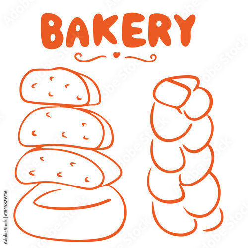 Bakery hand drawn doodle with bread buns and braided loaf baking illustration