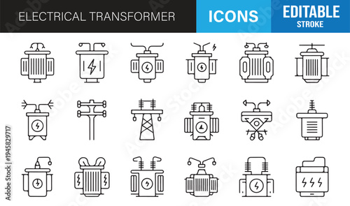 Power grid and electrical equipment outline icons editable vector pack