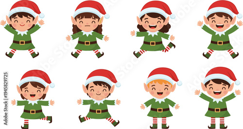 Set of cute Christmas elf characters in various happy poses including jumping and waving in colorful cartoon style for holiday and winter design.