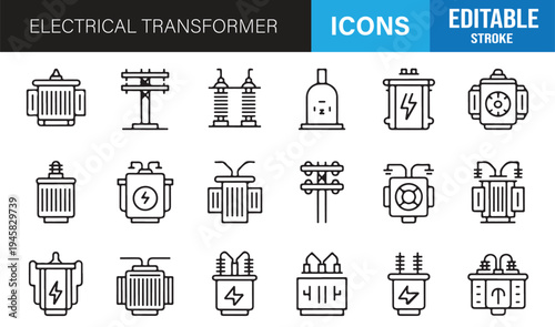 Electricity transmission and transformer minimal line icon collection