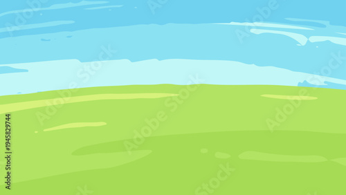 絵の具で描いたような草原と空の背景イラスト_16:9