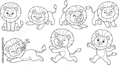 Set of cute lion character line art in various poses including sleeping running and sitting for children coloring book and animal design.