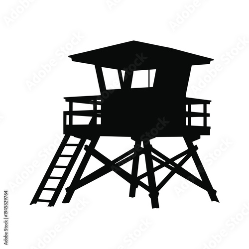 A stark silhouette of a lifeguard tower against a white background