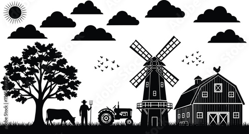 Farm scene tractor barn windmill animals tree silhouette vector illustration design graphic, agriculture rural nature art concept, black and white decorative creative collection